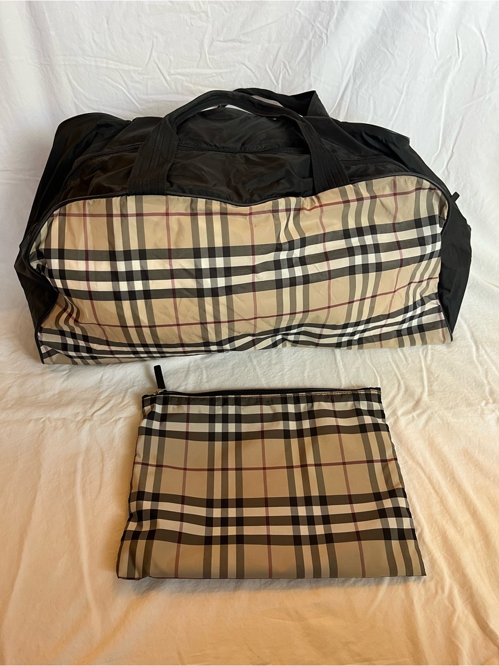 Burberry Black Trim Beige Check Duffel with Matching Pouch